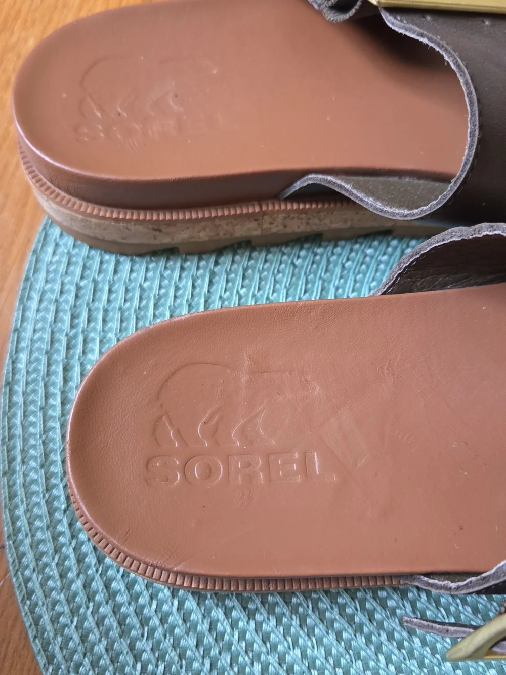 Sorel Two-Tone Brown Leather Slide Sandals with Gold Buckle